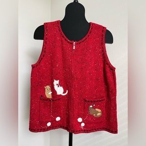 Women's Holiday Cardigan Sweater Vest Size XL 16-18 Red Christmas Cats